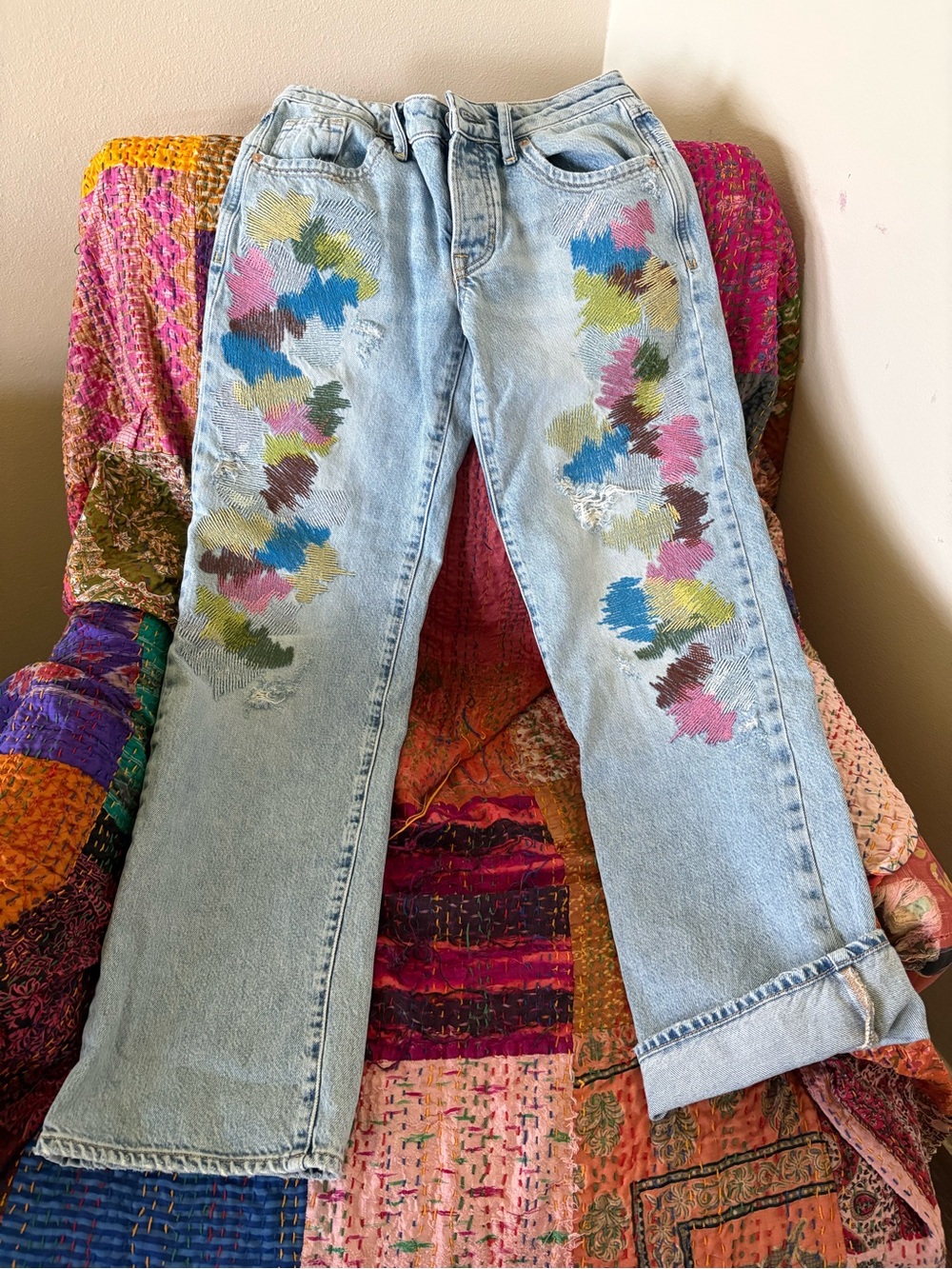 We The Free Light Wash Straight Leg Jeans with Colorful Brushstroke Panels